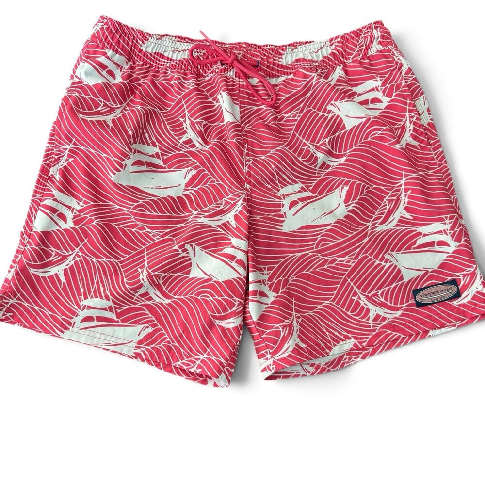 Vineyard Vines Swim Trunks Men M Pink Sailboat Print AOP Nautical Boat Shorts